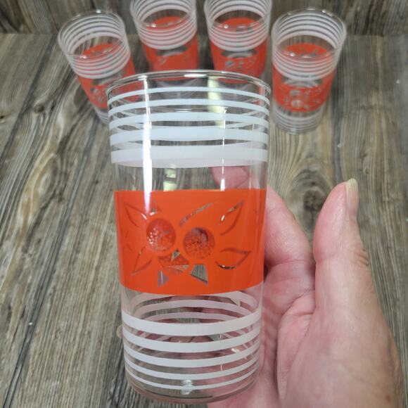 5 Retro Glass Tumblers, Red Fruit Band, White Stripes - Picture 5 of 5